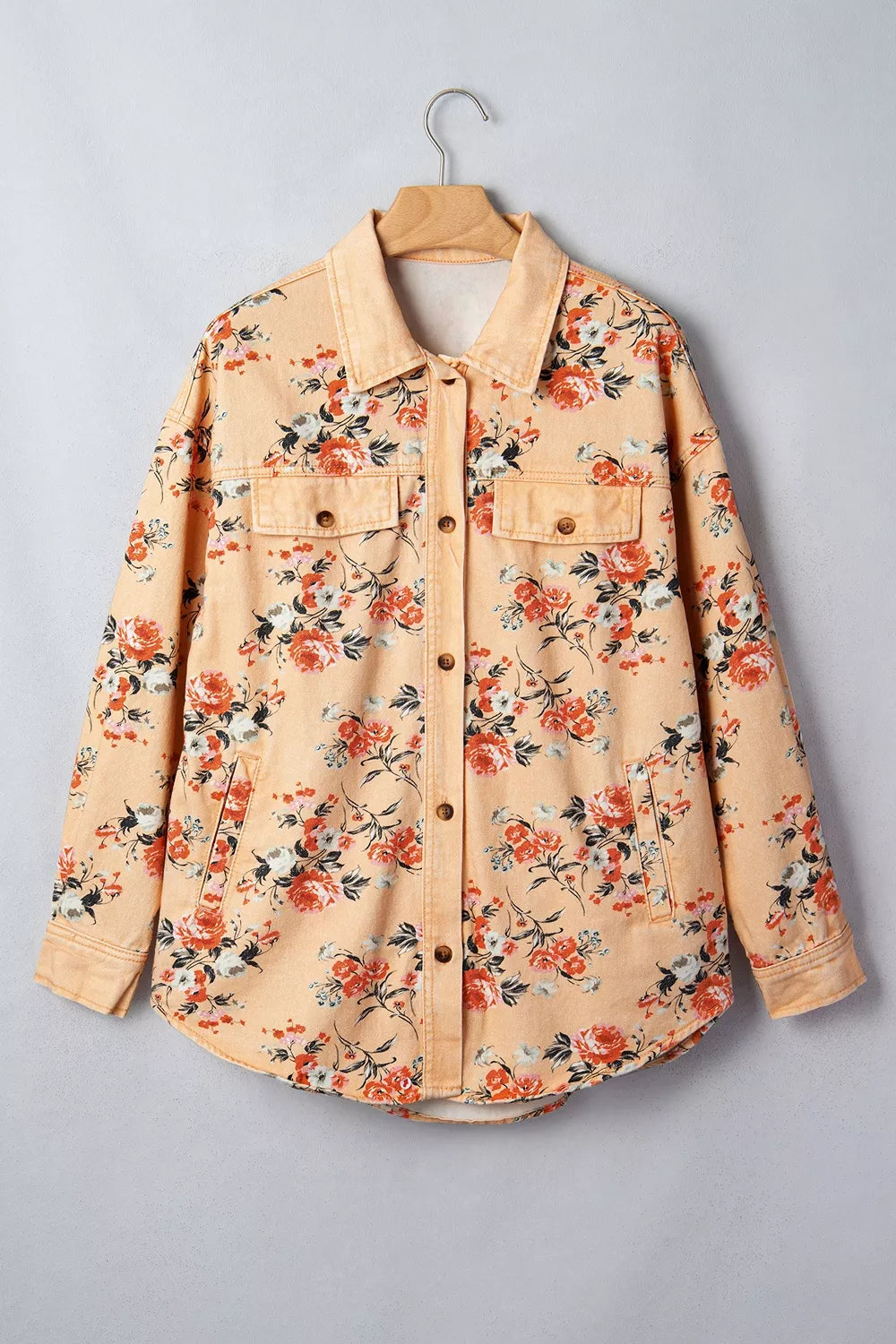 Women's Tan Floral Print Long Sleeve Denim Jacket - Tan
