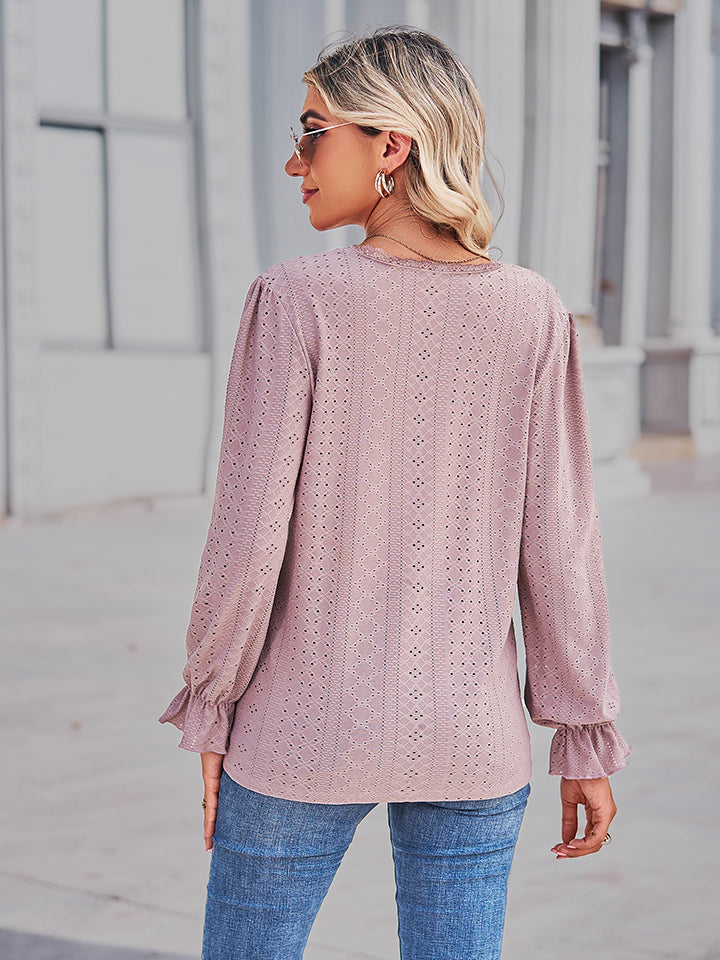Women's Eyelet V-Neck Flounce Sleeve Blouse
