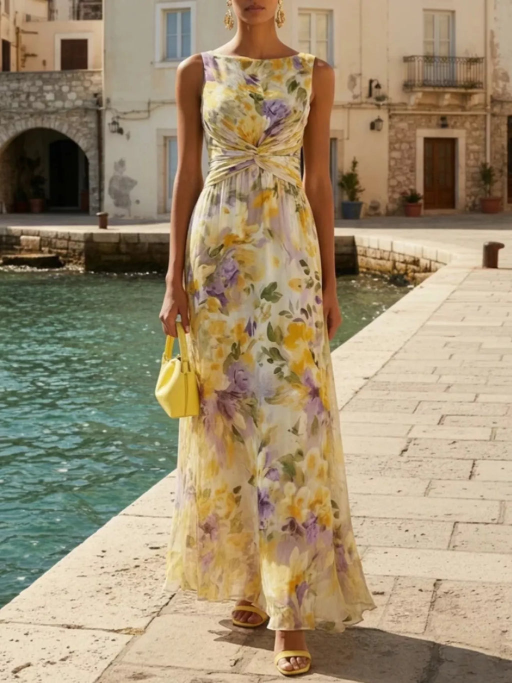 Women's Yellow Floral Print Sleeveless Twist-Front Maxi Dress - Yellow