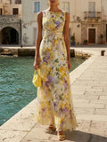 Women's Yellow Floral Print Sleeveless Twist-Front Maxi Dress - Yellow