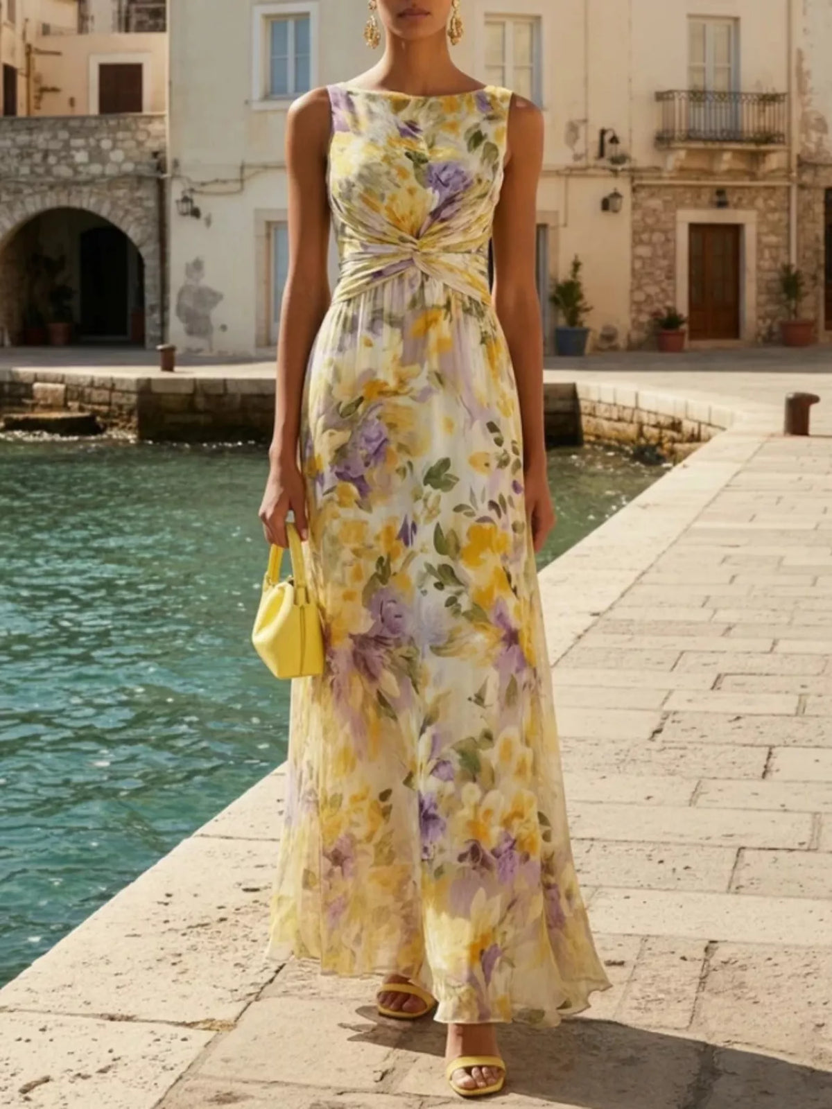 Women's Yellow Floral Print Sleeveless Twist-Front Maxi Dress - Yellow