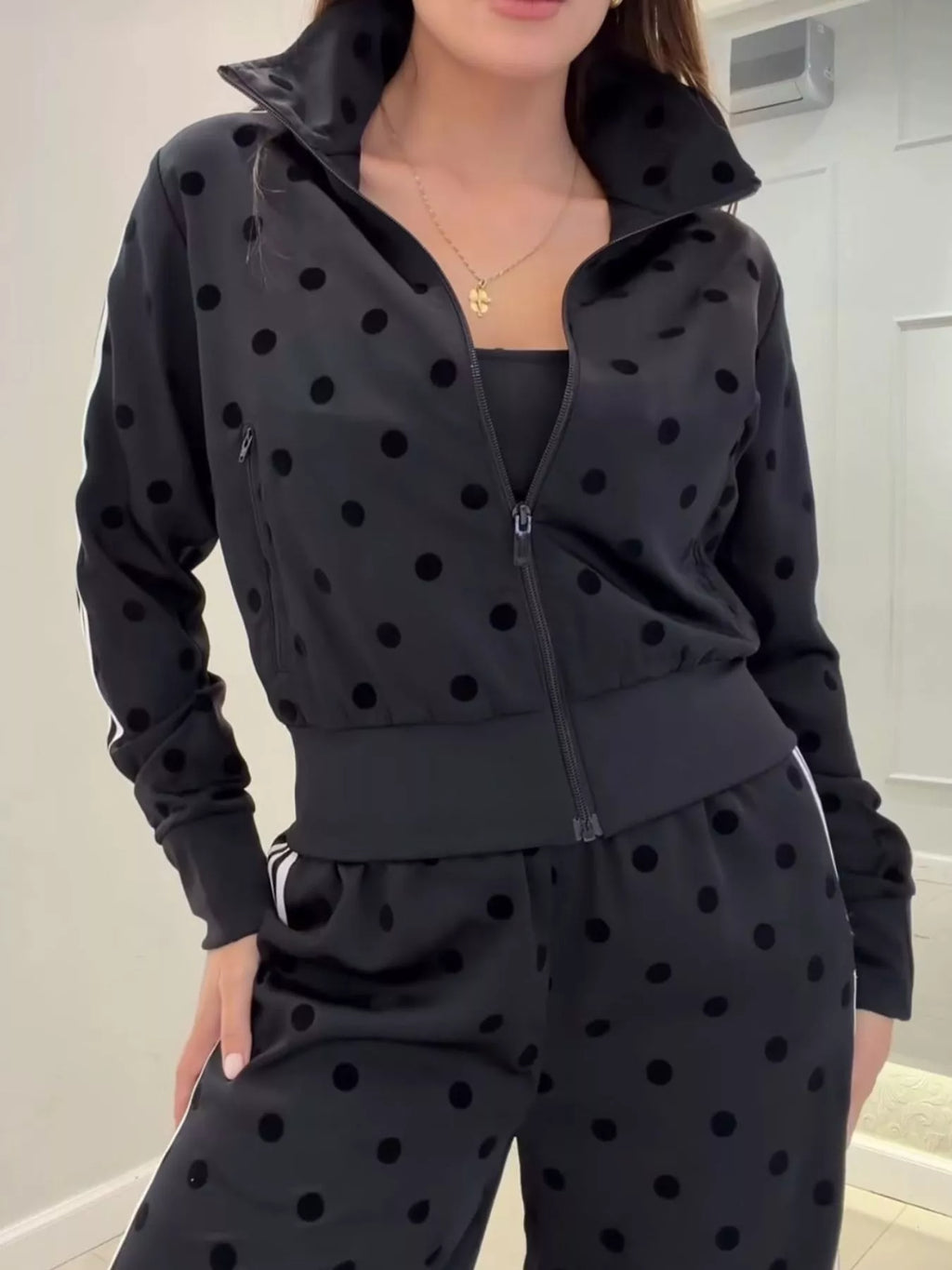 Women's Polka Dot Side Striped Outerwear and Pants Set