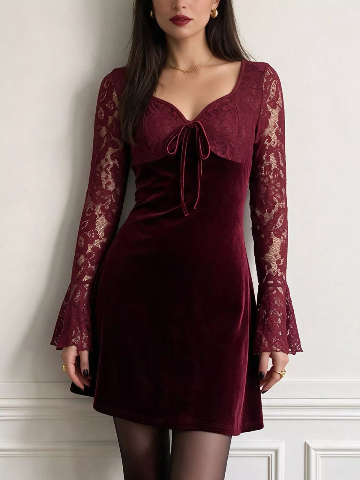 Women's Burgundy Lace Flare Sleeve Mini Dress - Burgundy