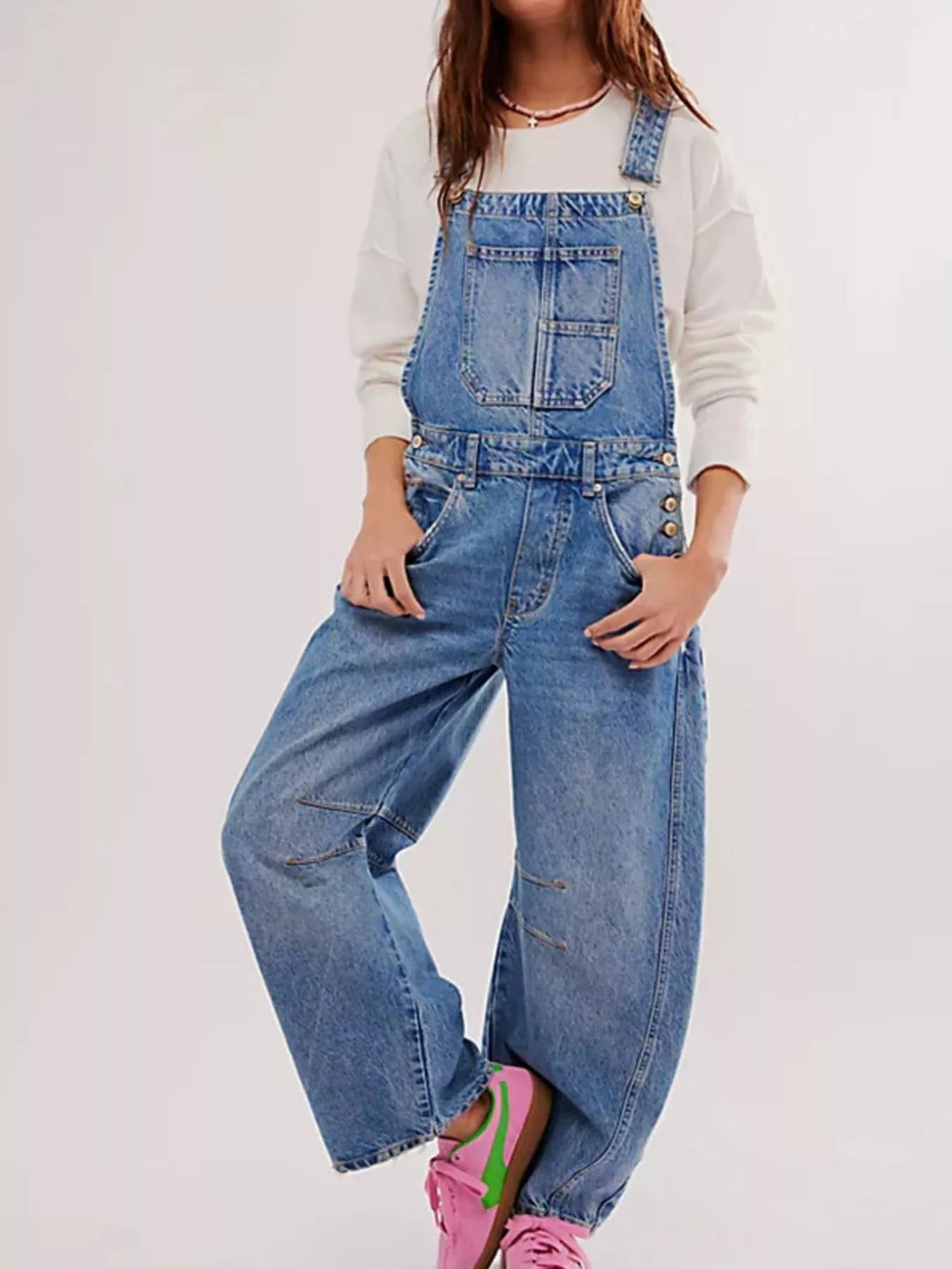 Women's Wide Strap Wide Leg Denim Overalls - Blue