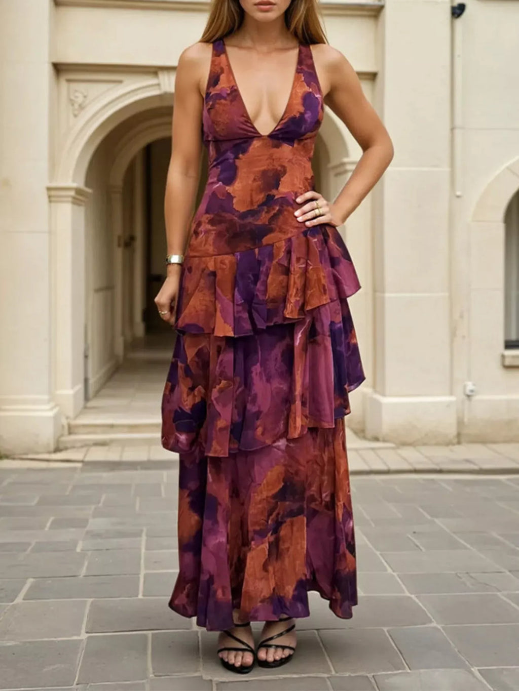 Women's Deep Purple Floral V-Neck Ruffle Layered Maxi Dress - Deep Purple
