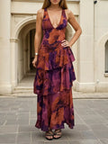 Women's Deep Purple Floral V-Neck Ruffle Layered Maxi Dress - Deep Purple