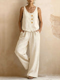New Women's Sleeveless Vest And Wide-Leg Pants Cotton-Linen Two-Piece Set
