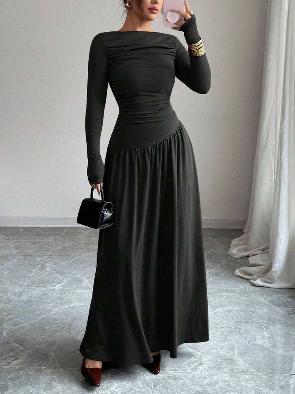 High-end Autumnwinter New Long-sleeve Pleated-waist Off-shoulder Maxi Dress