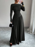 High-end Autumnwinter New Long-sleeve Pleated-waist Off-shoulder Maxi Dress
