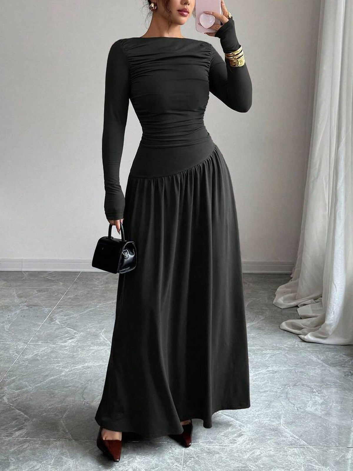 High-end Autumnwinter New Long-sleeve Pleated-waist Off-shoulder Maxi Dress