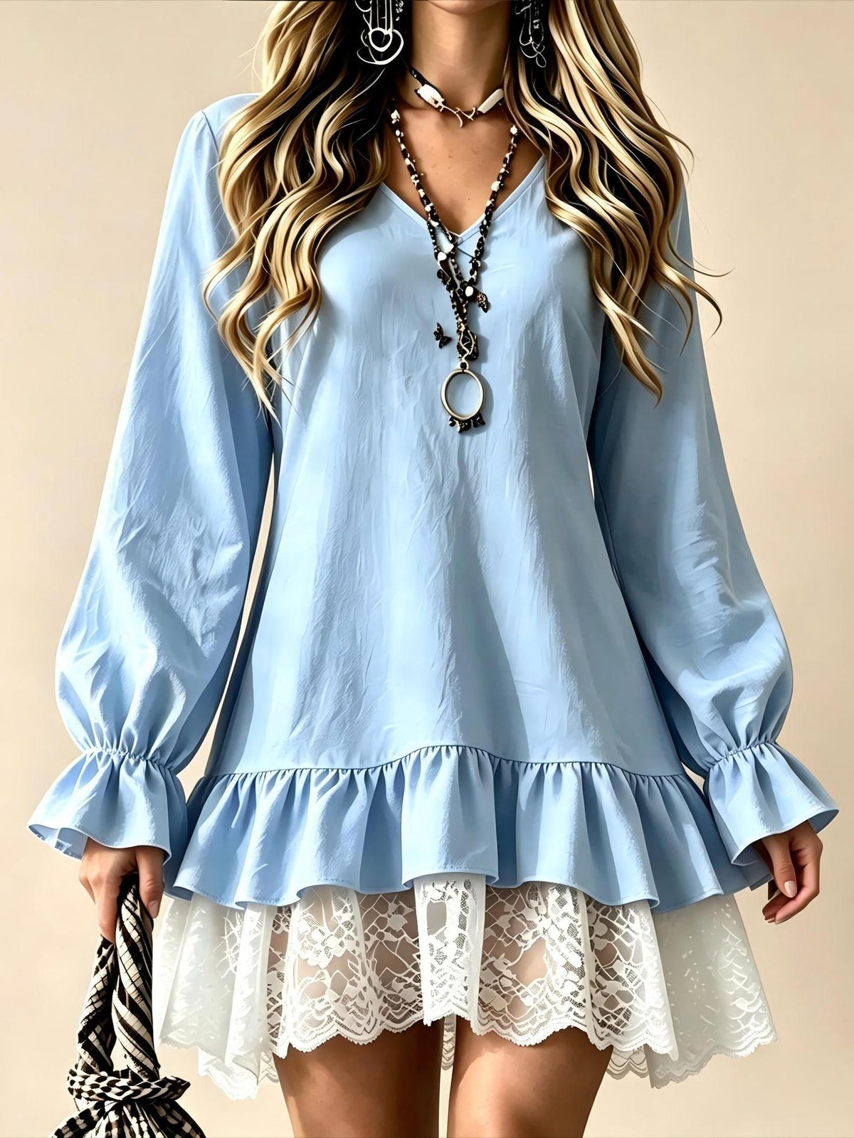 Versatile Lace Spliced Dress, Fashion Long Sleeve Ruffled Mini Dress