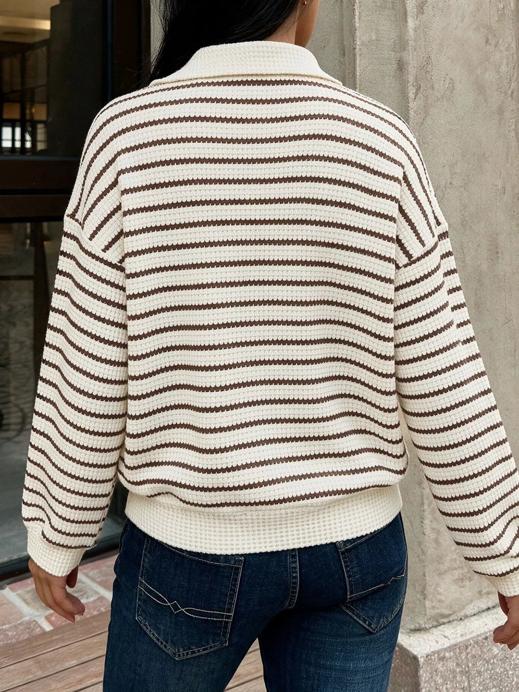 Striped Polo Collar Knit Sweatshirt