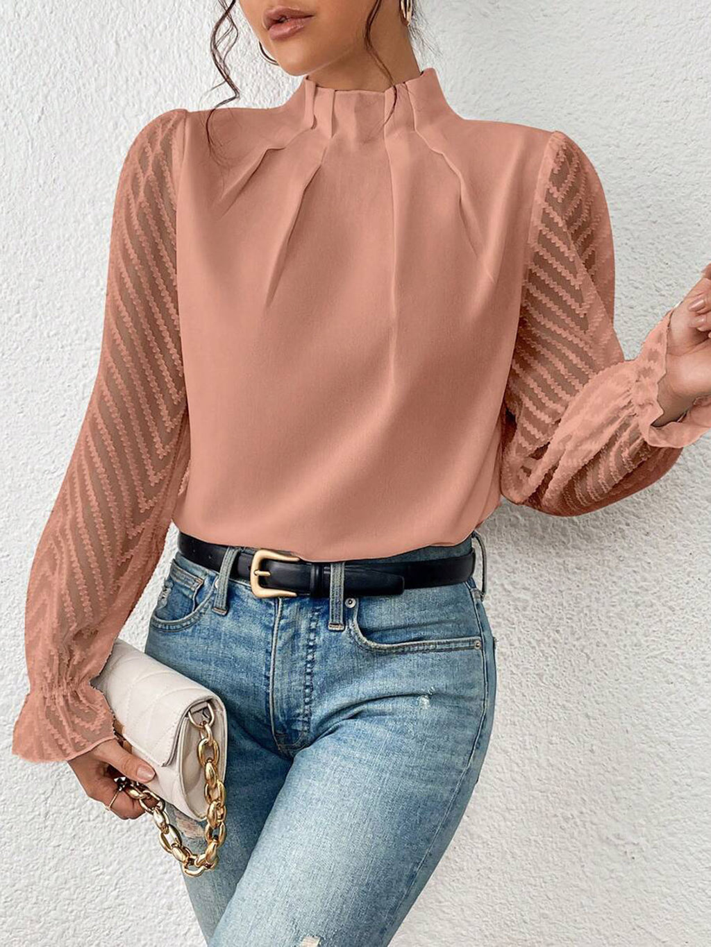 Women's Mock Neck Flounce Sleeve Blouse