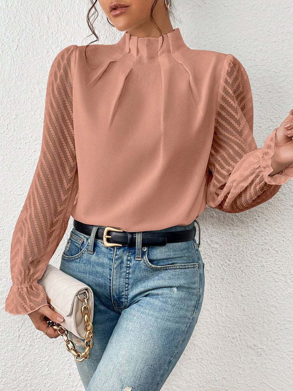 Women's Mock Neck Flounce Sleeve Blouse