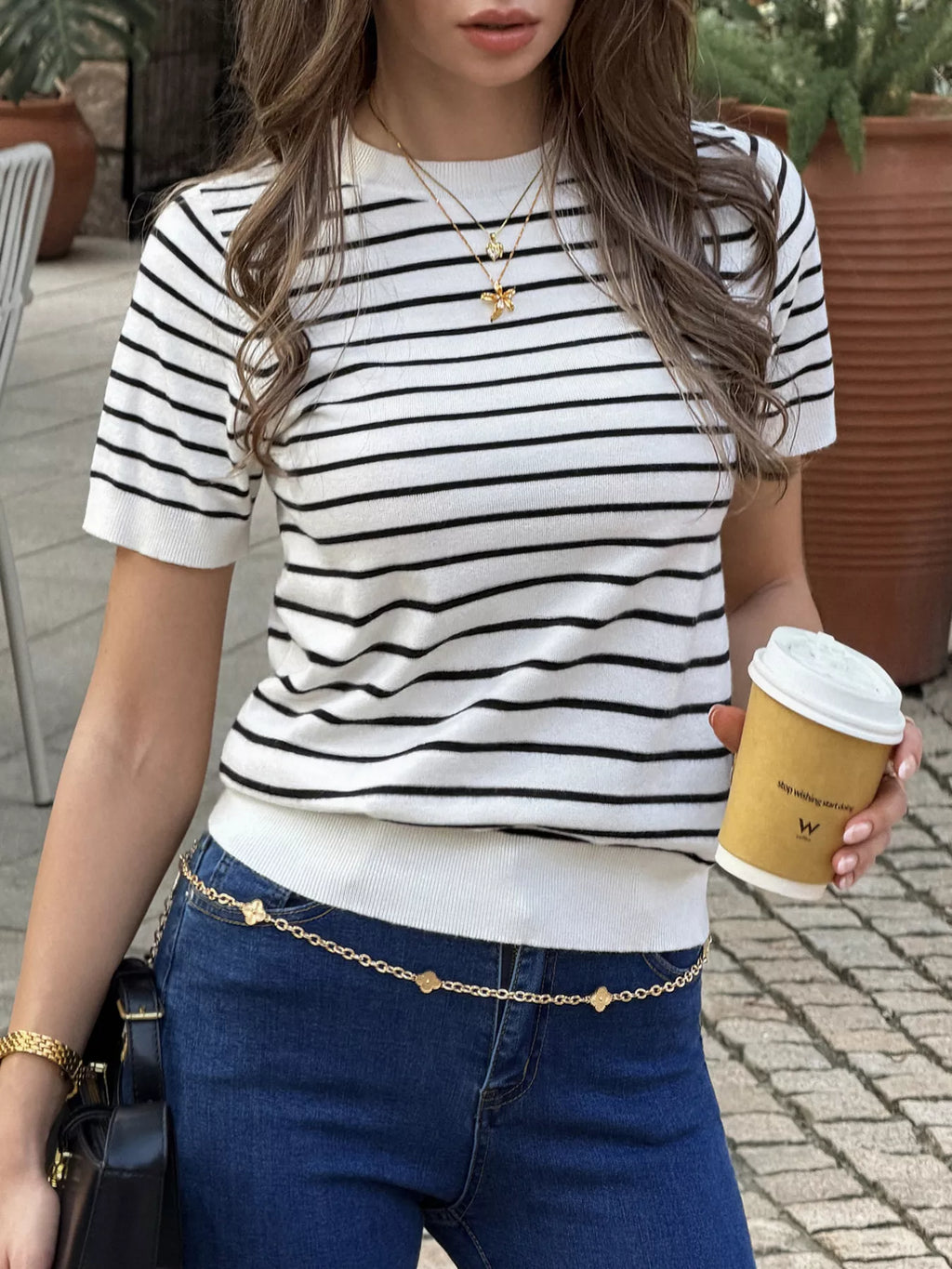 Women's Black Striped Short-Sleeve Knit Top - Black
