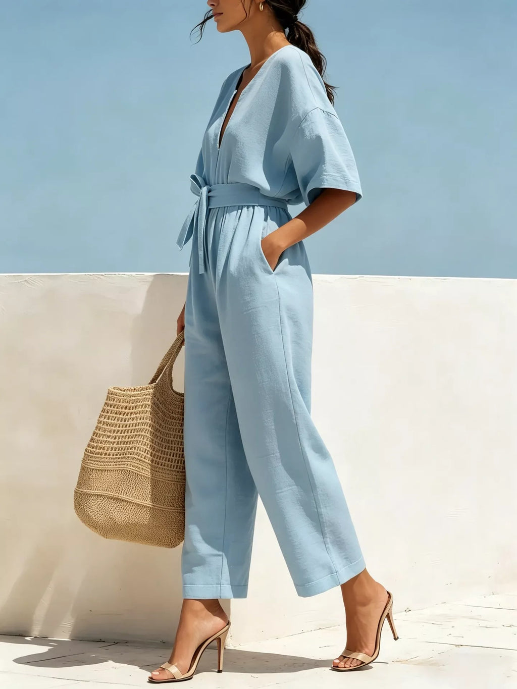 Women's Tie Waist Wide Leg Jumpsuit