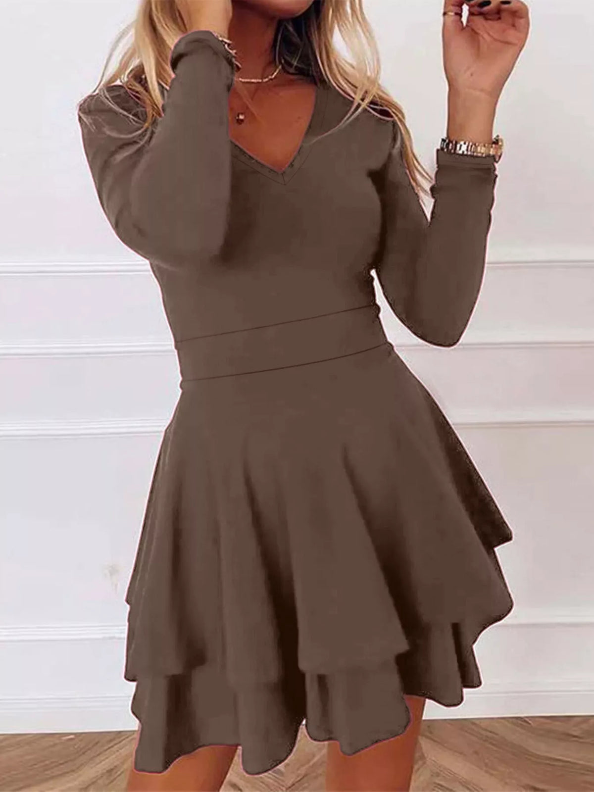 Women's V-Neck Long Sleeve Layered Ruffle Mini Dress