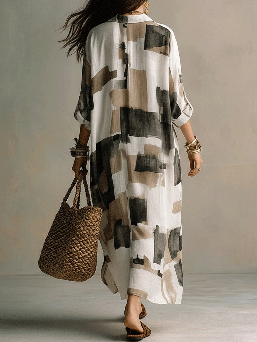 Women's Khaki New Arrival Casual & American Vacation Style Printed Lapel Long Sleeve Maxi Dress - Khaki