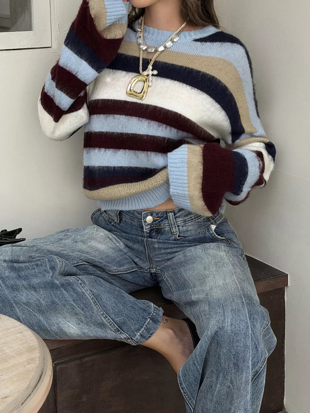 Women's Colorful Stripes Multi-Color Striped Fuzzy Sweater - Colorful Stripes