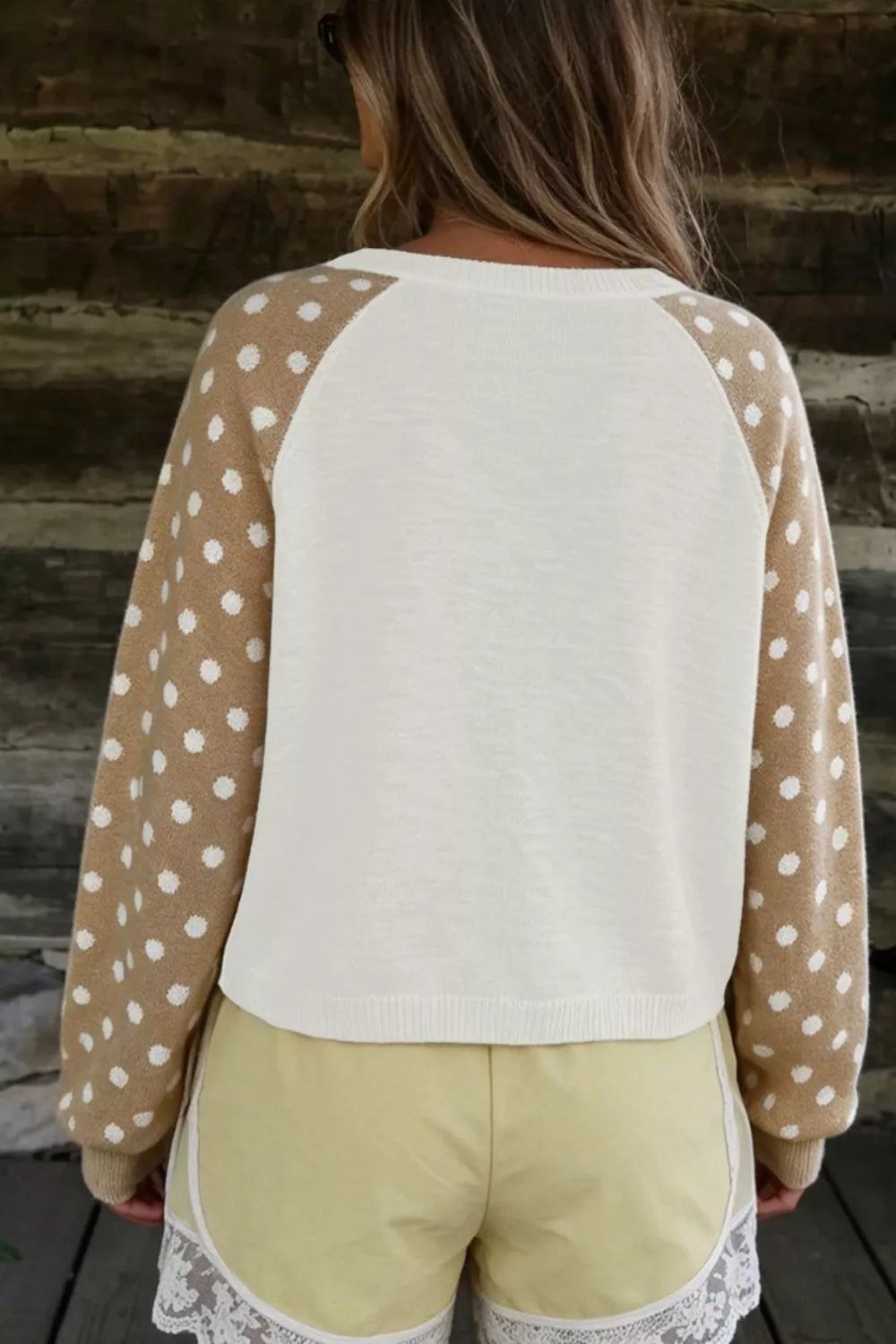 Women's White Polka Dot Contrast Long Sleeve Button V Neck Sweater - White