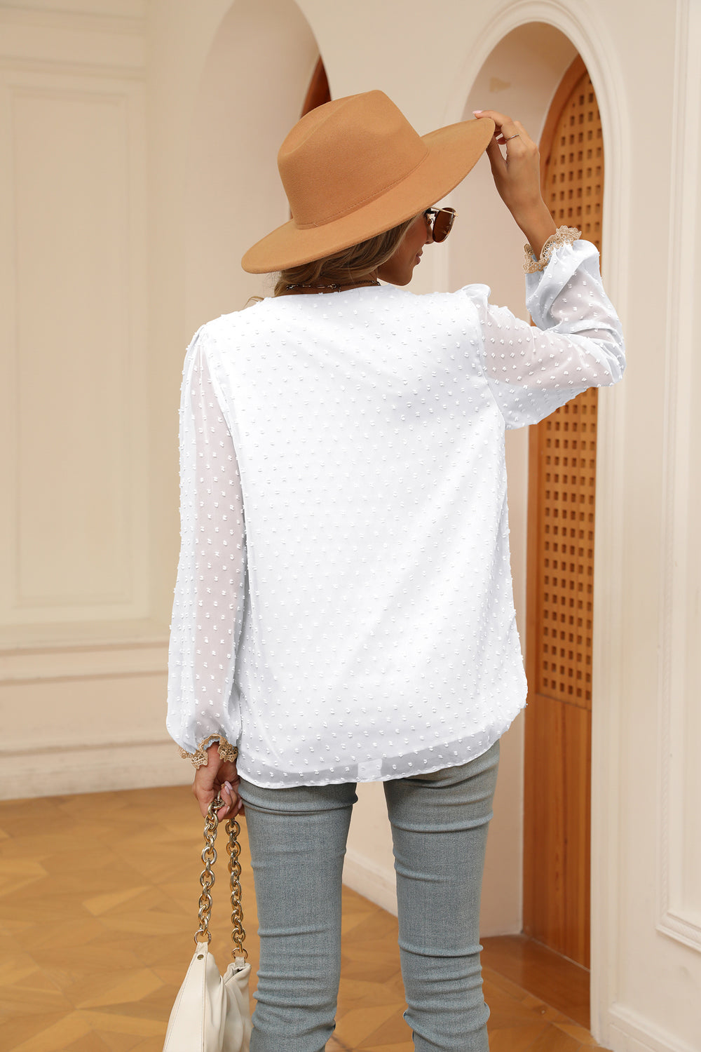 Women's Swiss Dot Contrast V-Neck Blouse