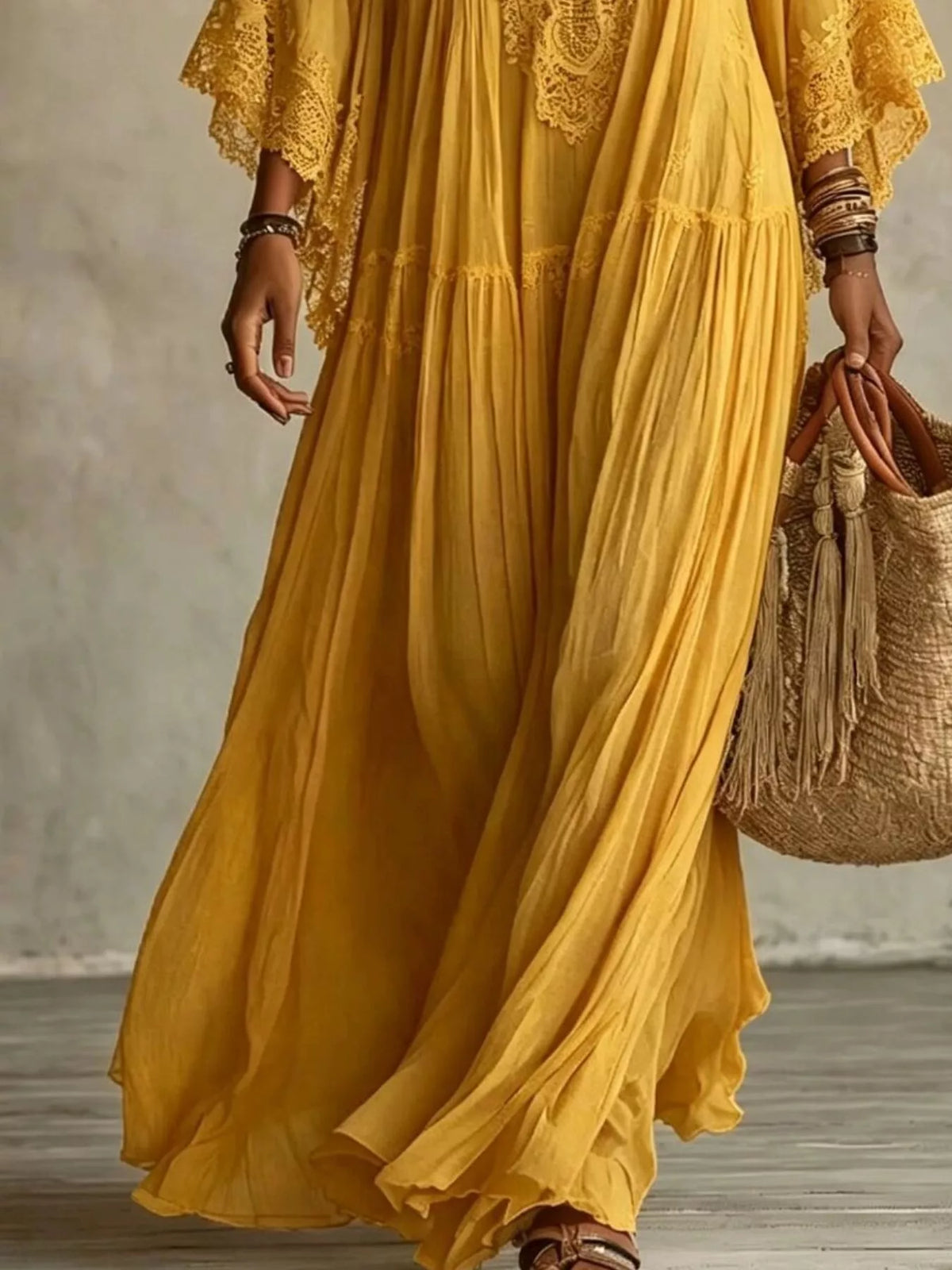 Women's Lace Trim V-Neck Maxi Dress