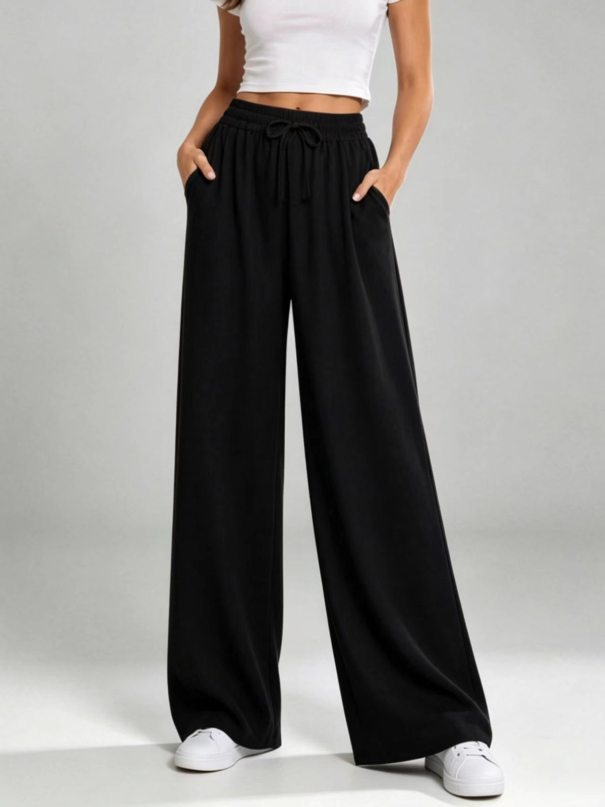 Women's New European And American Style Drawstring Elastic Waist Loose Casual Solid Color Drapey Straight Wide-leg Long Pants For Women