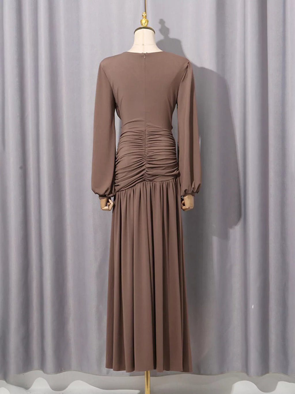 Women's Brown Ruched Long-Sleeve Maxi Dress with Cutout Detail - Brown