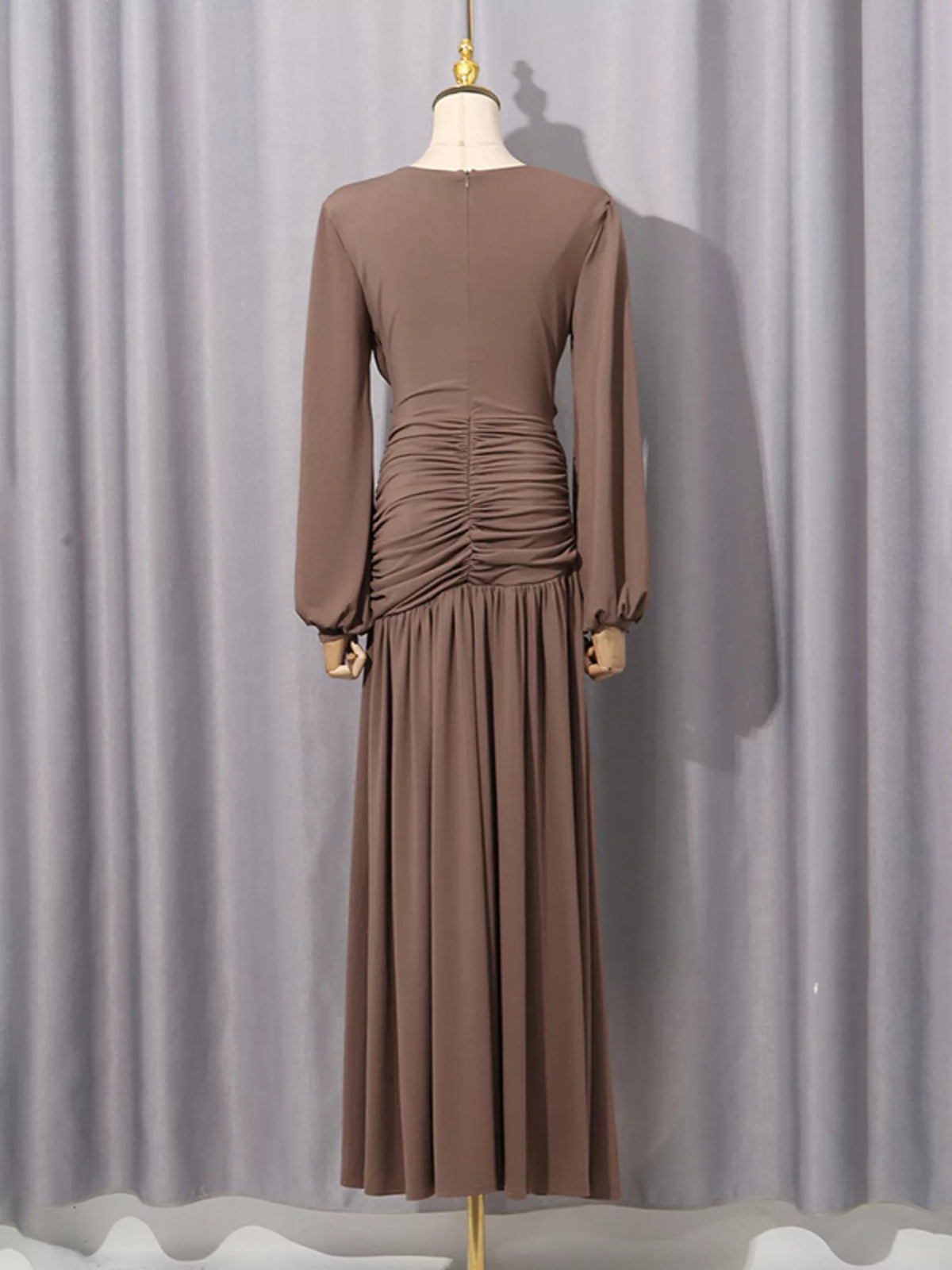 Women's Brown Ruched Long-Sleeve Maxi Dress with Cutout Detail - Brown
