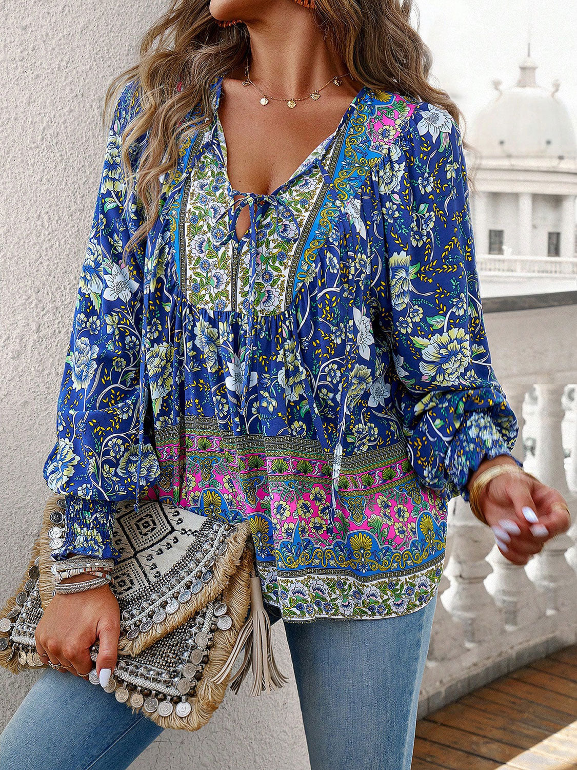 Women's Bohemian Tie Neck Lantern Sleeve Blouse