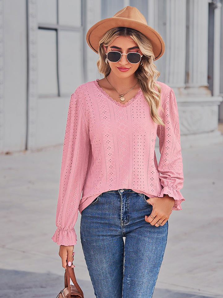 Women's Eyelet V-Neck Flounce Sleeve Blouse - Blush Pink