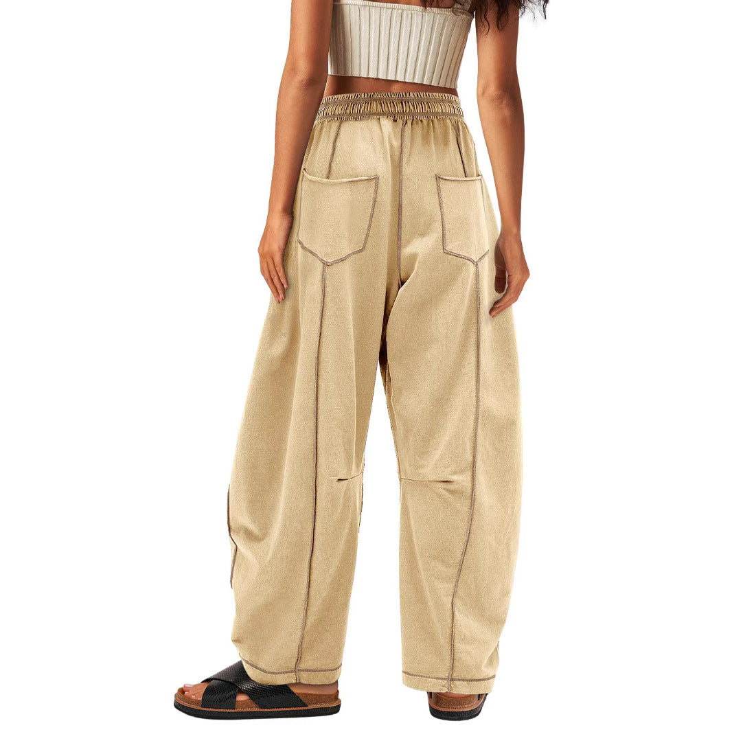 New -style Solid-color Casual Drawstring Elastic-waist Trousers With Pockets