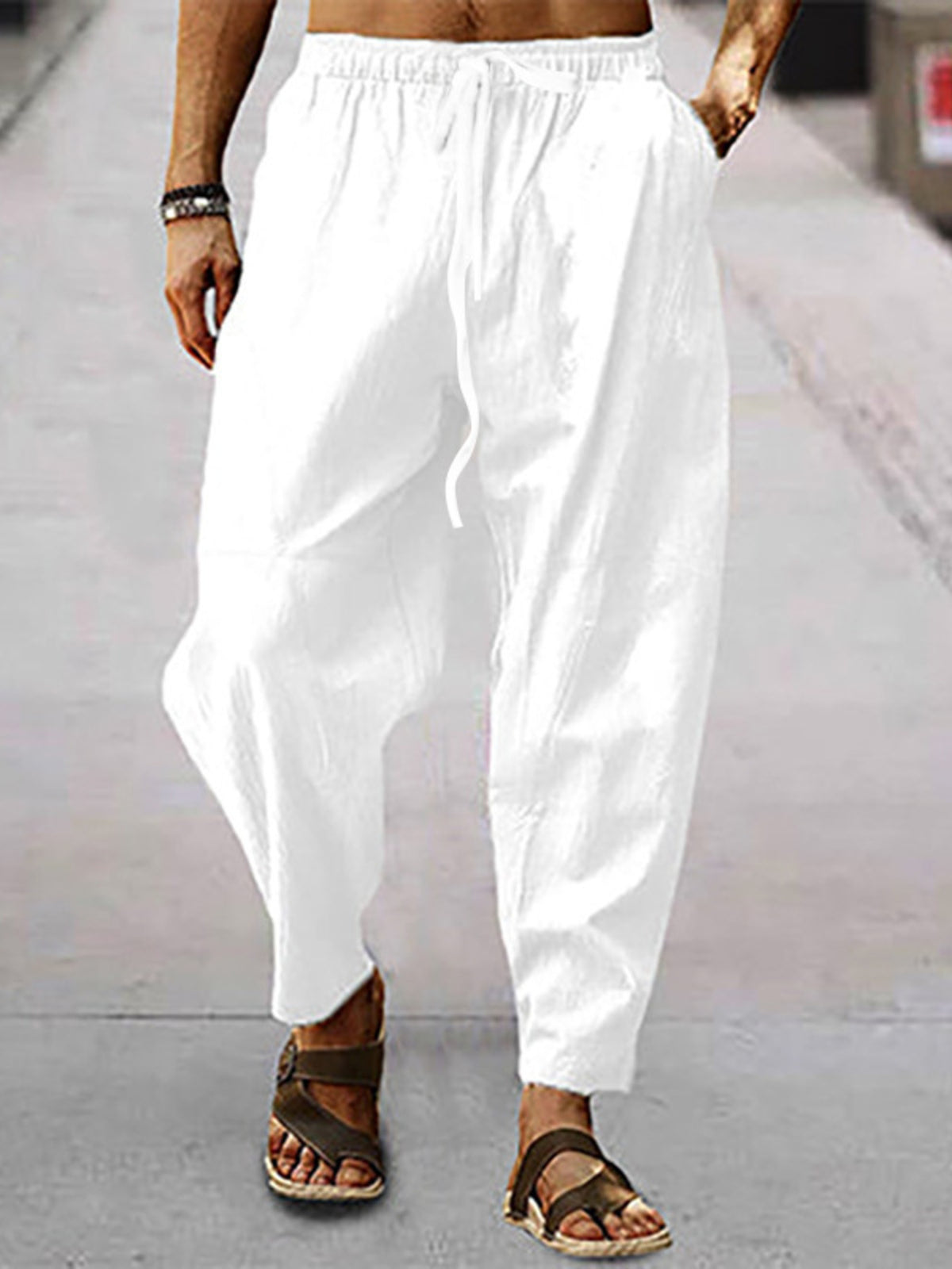 Men's Drawstring Wide Leg Pants, Plus Size - White