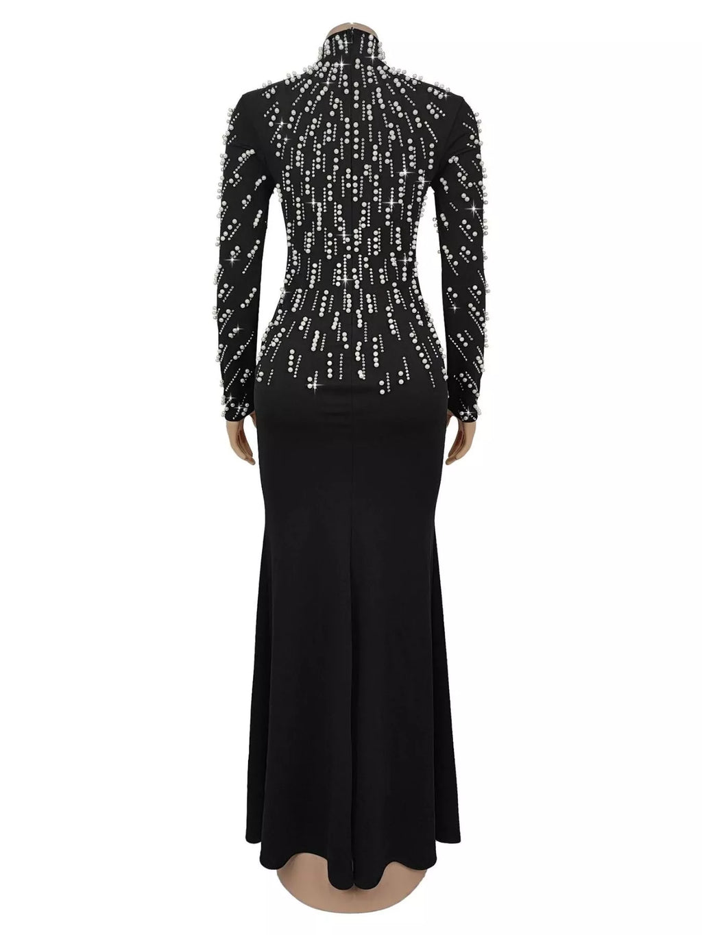 Women's Black Pearl Detail Mock Neck Maxi Dress - Black