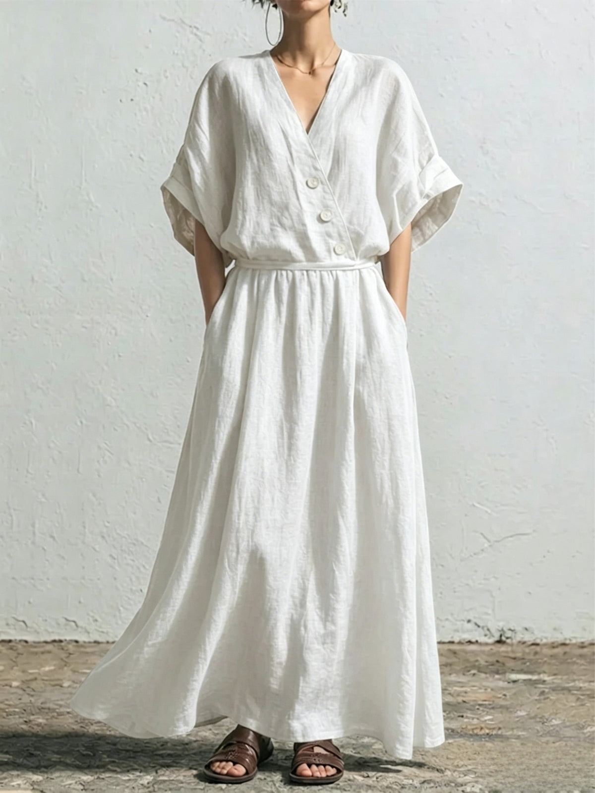 Women's Solid-Color Casual Loose V-Neck High-Waisted Dress