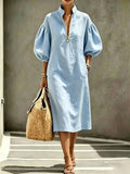 Summer New Women's Casual Loose Stand-Up Collar Puff Sleeve Half-Zip Women's Dress