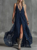 Women's Lace Maxi Dress with High Slit - Dark Blue