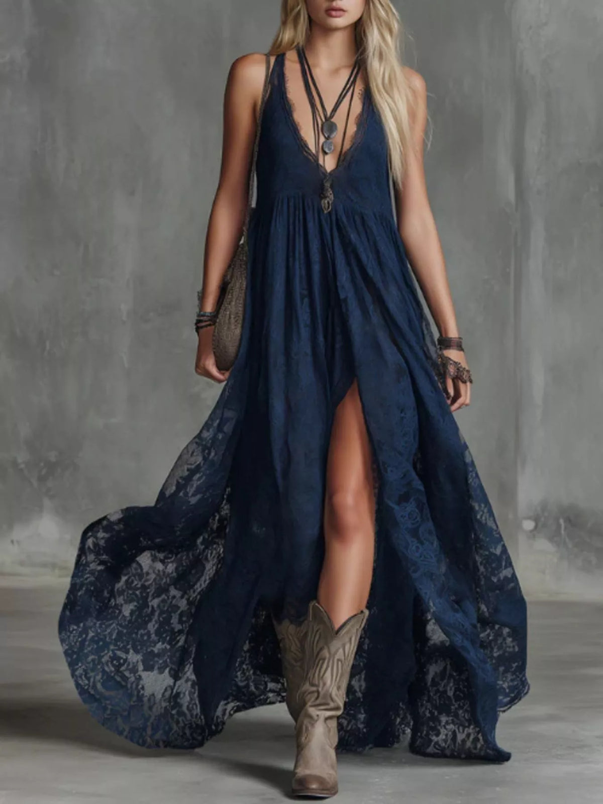 Women's Lace Maxi Dress with High Slit - Dark Blue