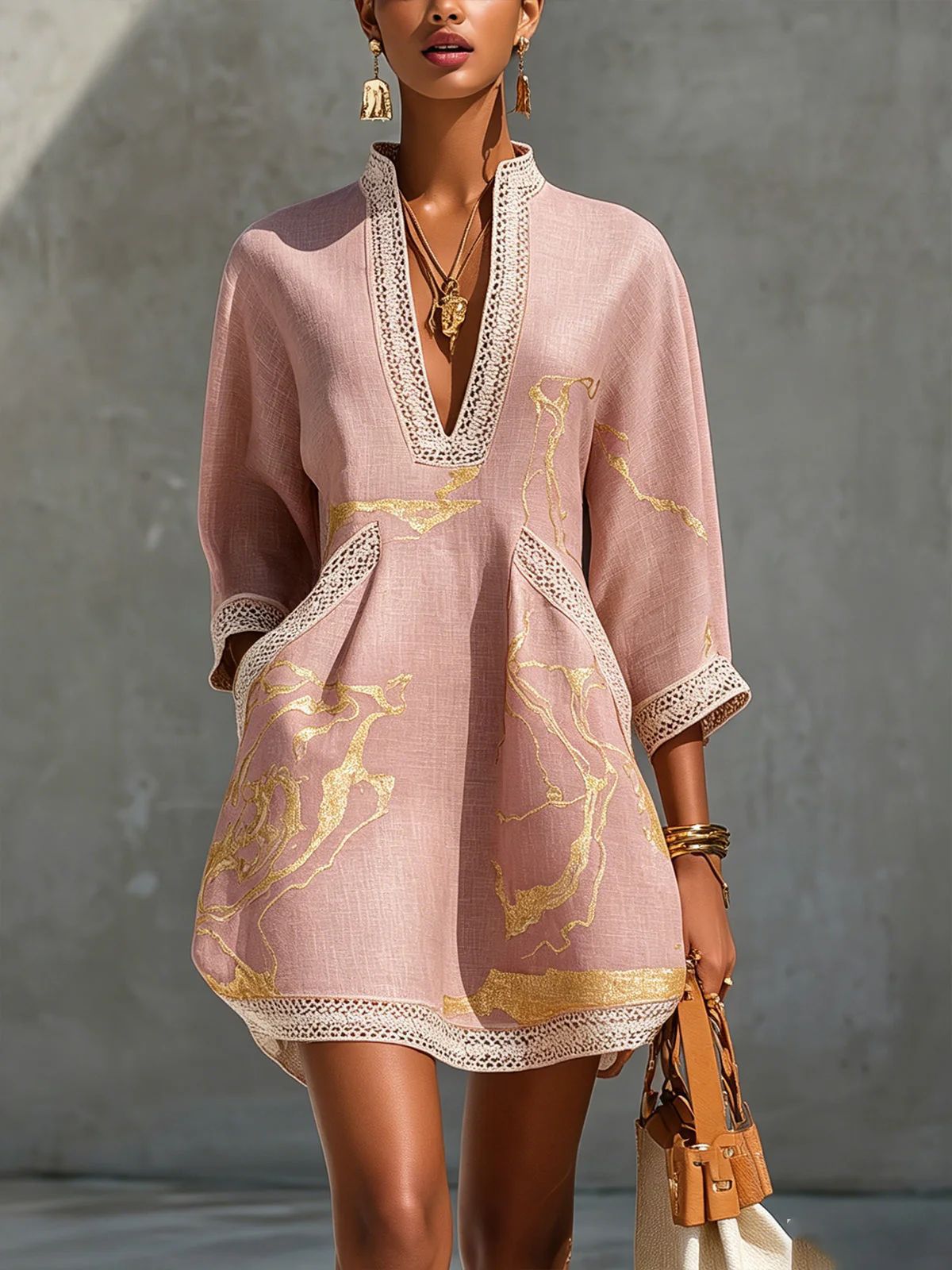 Navy Blue Gold Thread Abstract Print, Lace-Trimmed Collar, Three-Quarter Sleeves, Loose-Fitting Holiday-Style Cotton-Linen Short Dress With Belt