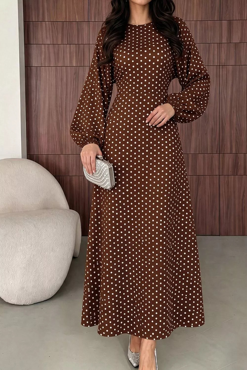 Women's Polka Dot Long Sleeve Maxi Dress