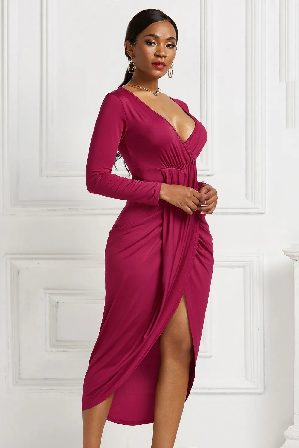 Women's High-low Ruched Surplice Long Sleeve Dress
