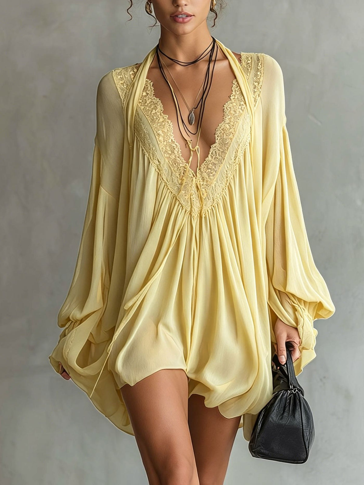 Black Sexy Lace-Panel V-Neck Halterneck Dress