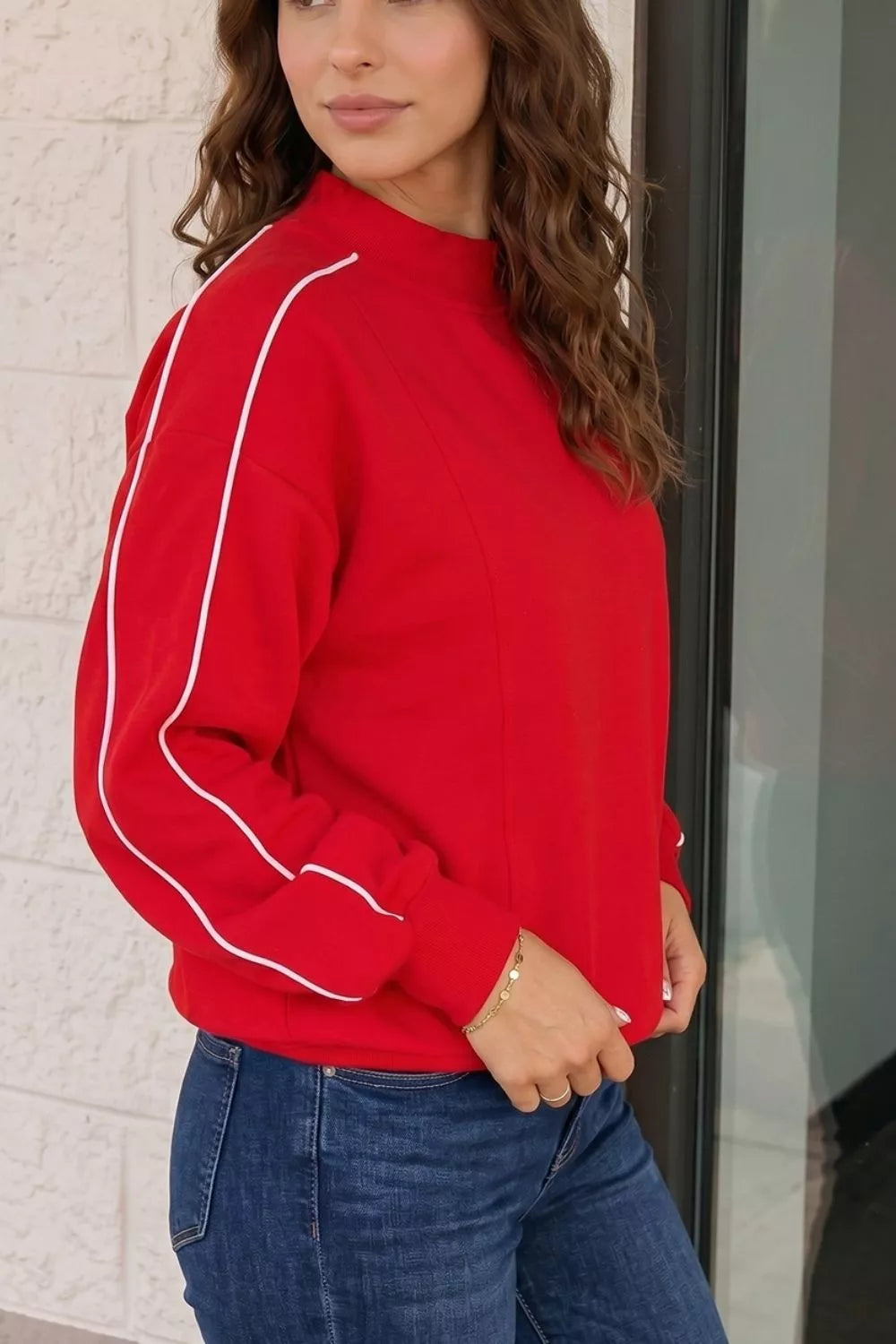 Women's Red Stand Neck Long Sleeve Regular Fit Sweatshirt - Red