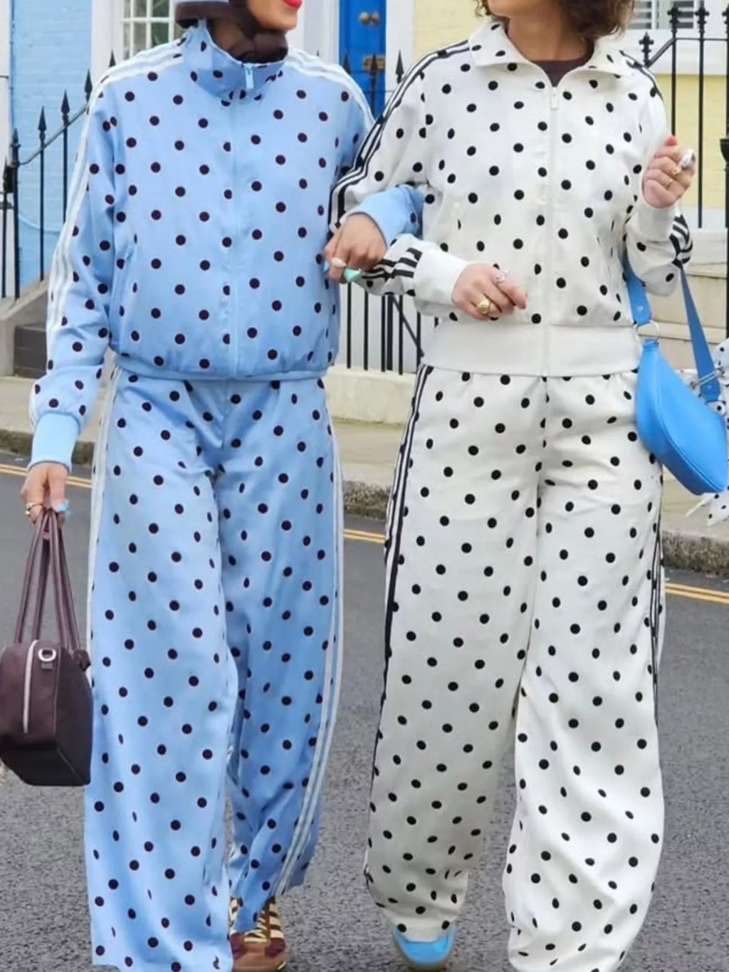 Women's Polka Dot Side Striped Outerwear and Pants Set - Sky Blue