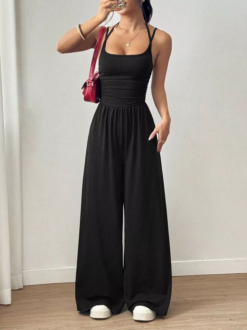 Women's Spaghetti Strap Wide Leg Jumpsuit - Black