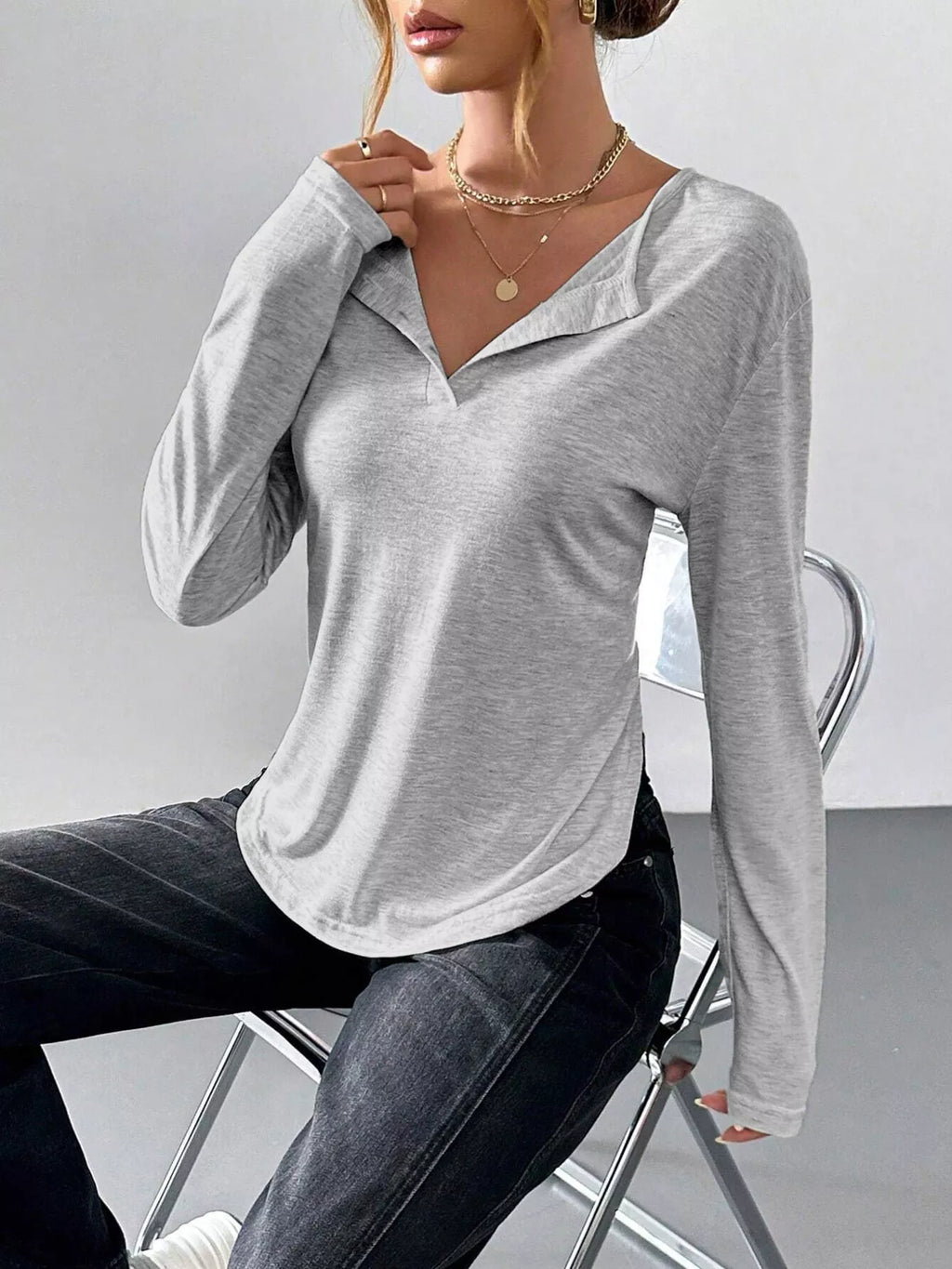 Women's Gray Casual Long Sleeve T-Shirt - Gray