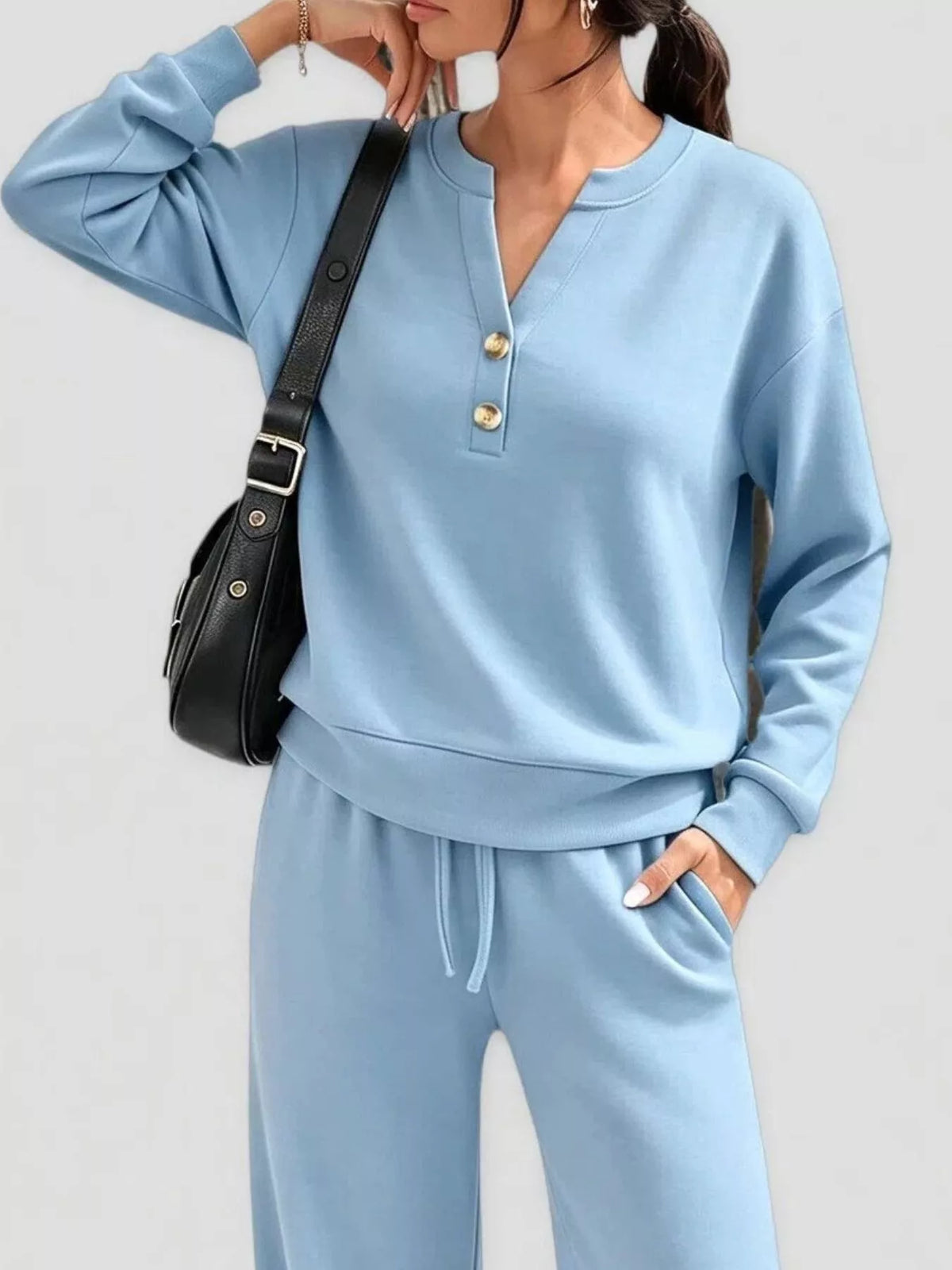 Women's Button Detail Dropped Shoulder Top and Pants Set