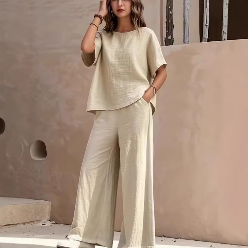Women's Solid-color Casual Round-neck Short-sleeve And Long-pants Set