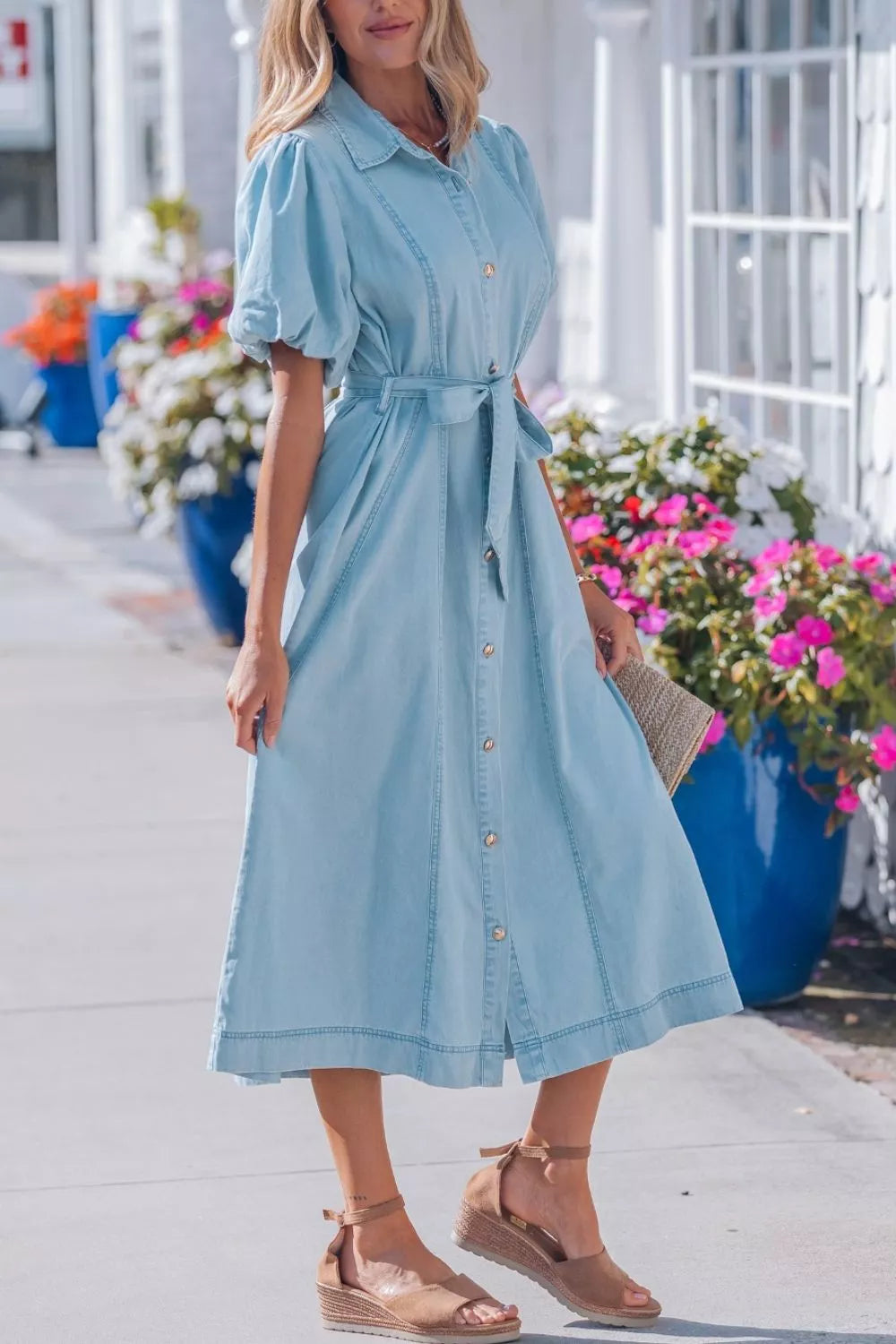 Women's Light Blue Full Buttons Collared Short Bubble Sleeve Long Denim Dress - Light Blue