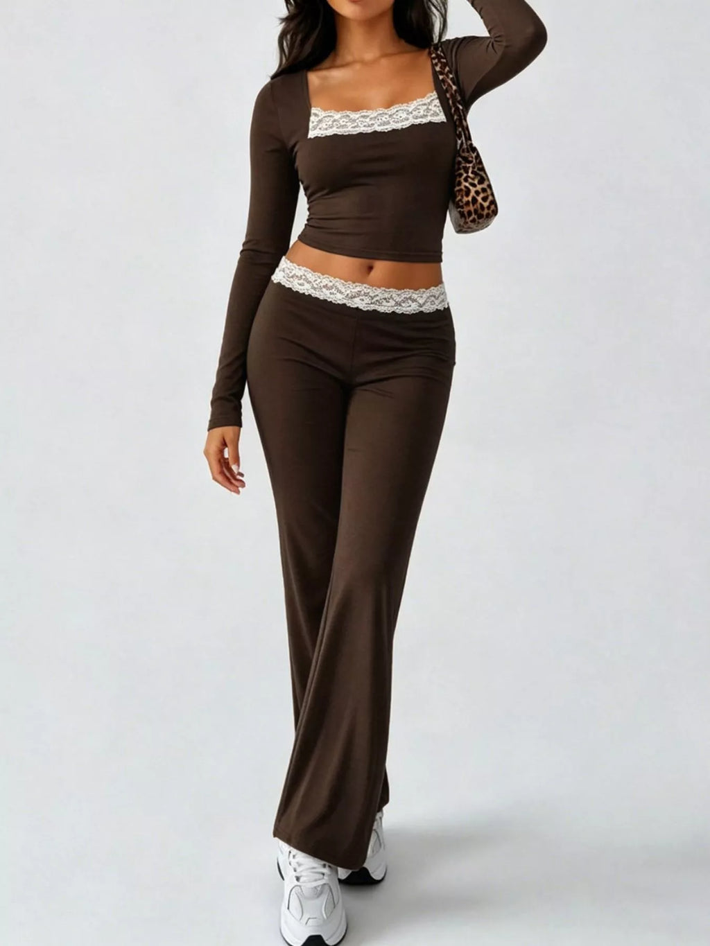 Women's Brown Long Sleeve Lace Trim Crop Top and Wide Leg Pants Set - Brown